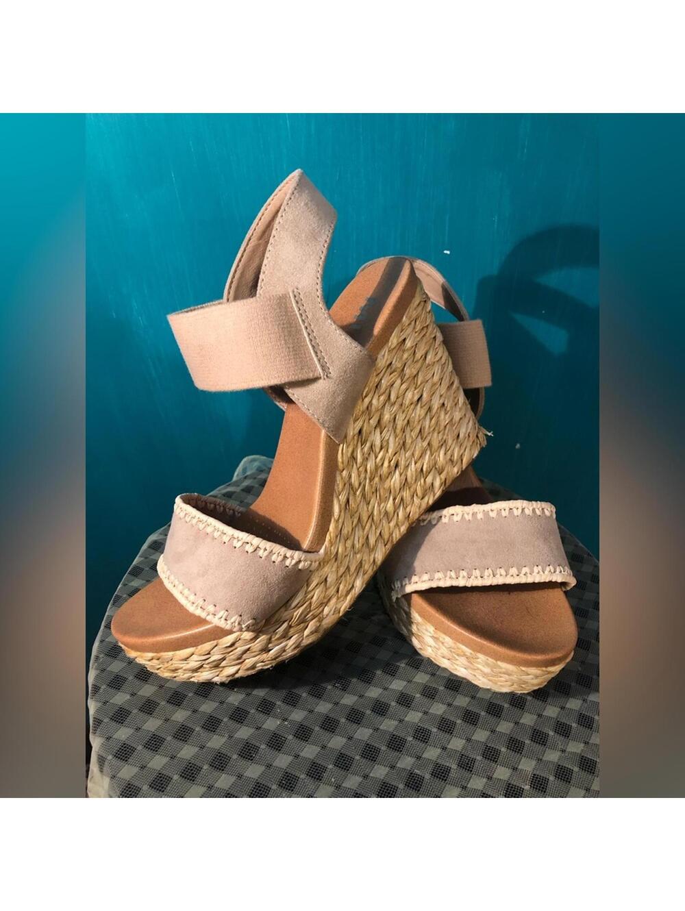 Tan Mia Straw‎ Wedge Heel Sandals
